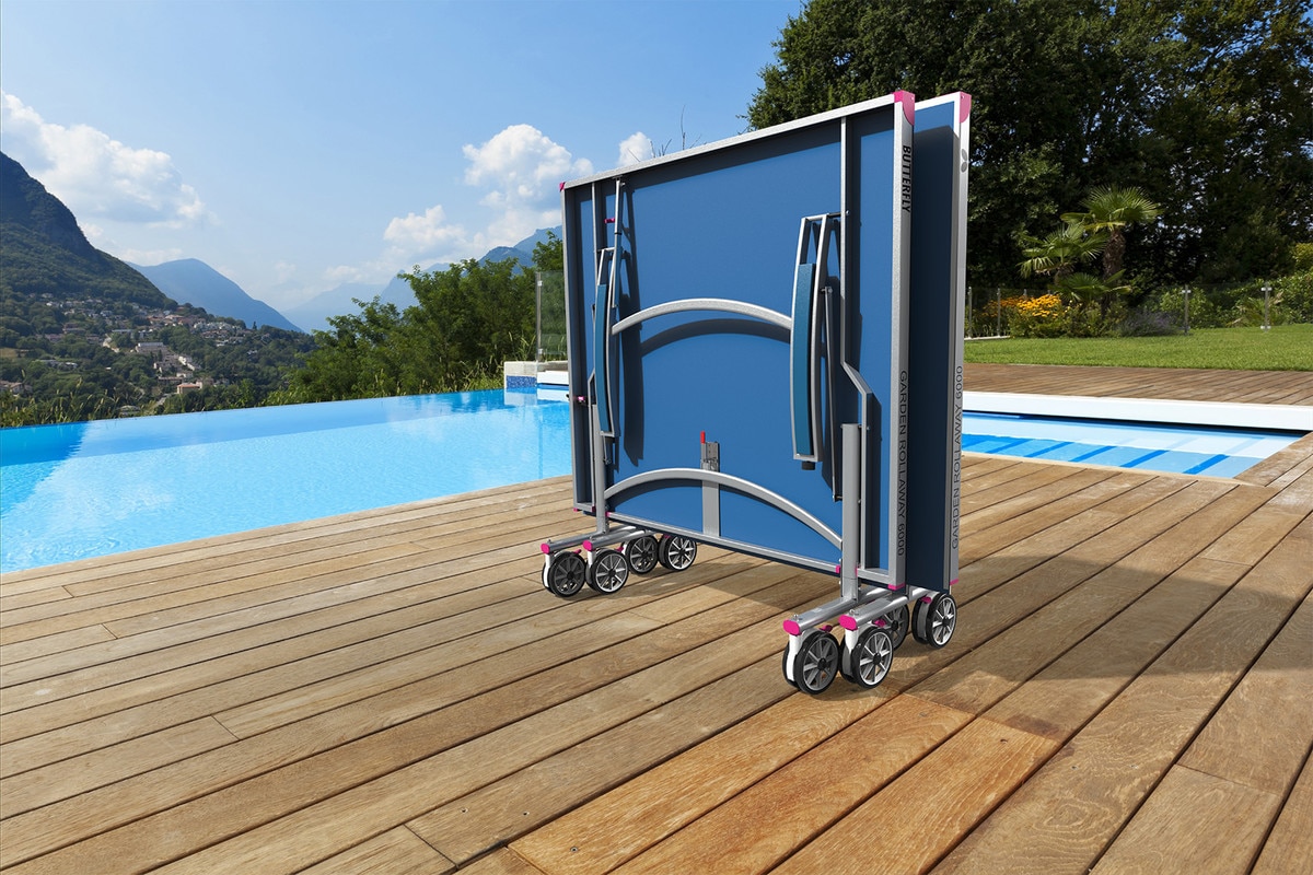 Butterfly Garden 6000 Outdoor Table: Blue Table Poolside in Storage Position